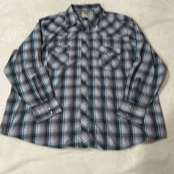 Wrangler 2XL black gray turquoise plaid pearl snap western shirt