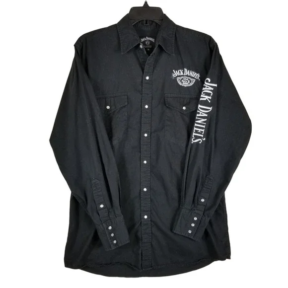 Jack Daniels Old No 7 Western Pearl Snap Shirt Mens Medium Black Embroidered L/S