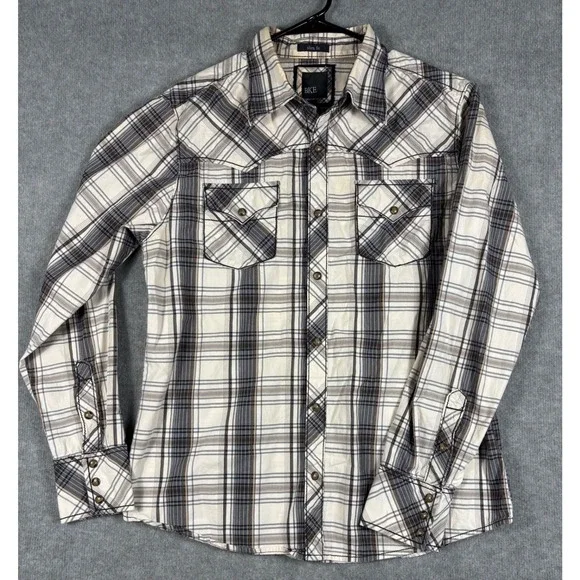 BKE‎ Slim Fit Western Shirt Pearl Snap Plaid Large Brown White 11116AM