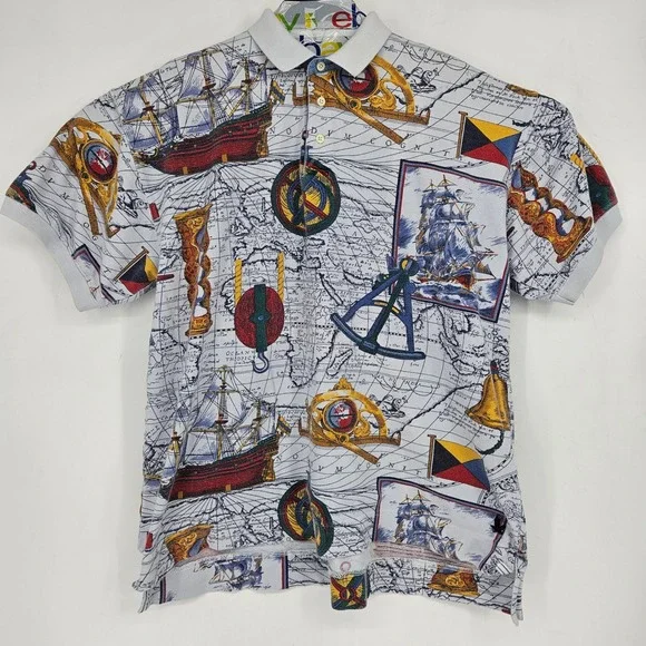 Vintage American Eagle Shirt Mens Extra Large Nautical Polo‎ Short Sleeve AOP