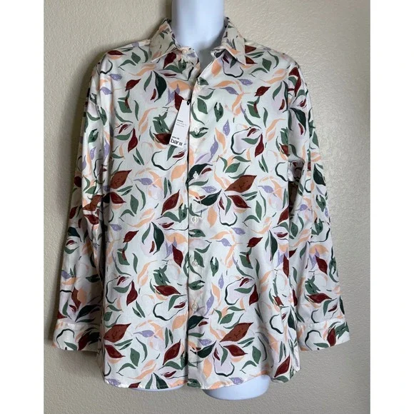 Bar III Mens L Button Down Shirt White Abstract Leaf Print Slim Fit Stretch NEW