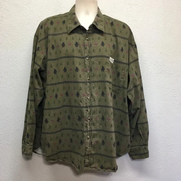 Vintage True‎ Grit Shirt Mens XXL Green Bear Dance Long Sleeve Button Cotton USA
