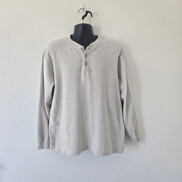 LL Bean Mens Large Beige Cotton Thermal  Long Sleeve Henley Shirt Waffle Knit