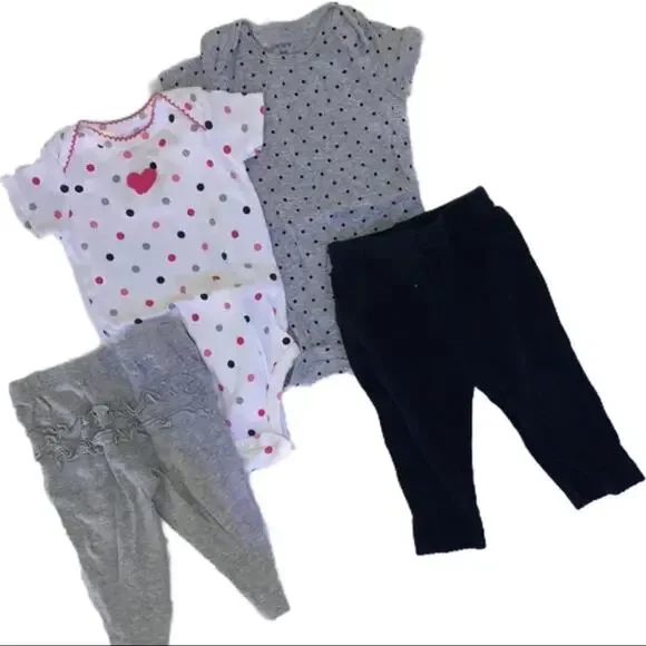 4 piece lot Bundle 2 snap crotch polka dot bodysuits 2 pants ruffle butt 6 month