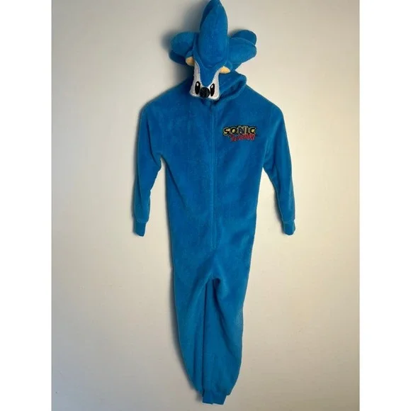 H&M Sonic the‎ Hedgehog Blue Fleece Hooded One Piece Pajama Union Suit Kids 6X 7