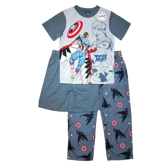 Captain America Boy's Supehero Polyester 3-Piece Short-Sleeved Pajama Set Sm 6-7