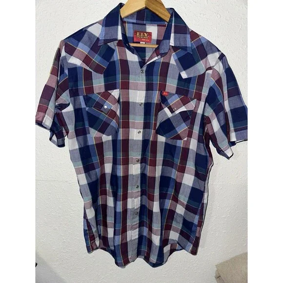 Ely Cattleman Western Blue Plaid Shirt Size Medium Pearl Snap Short Sleeve