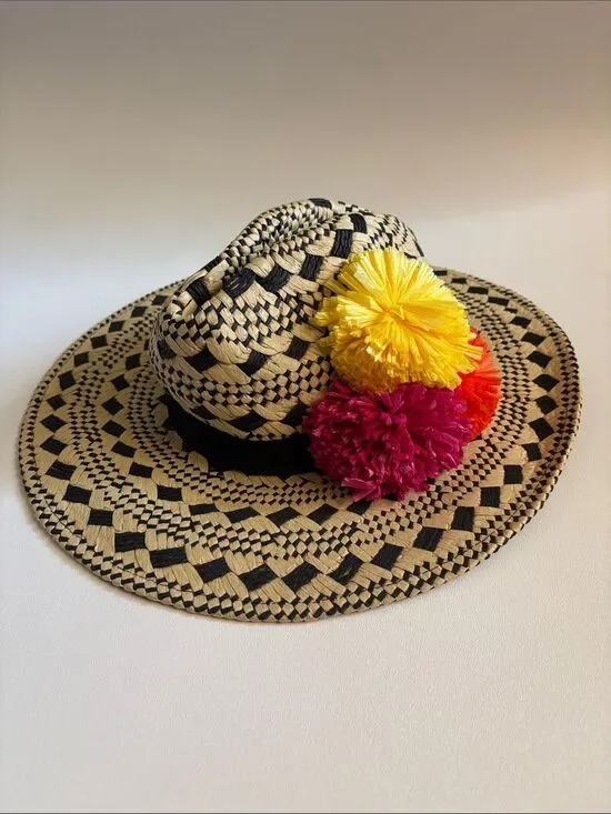 Vintage Helene Berman Resort Pom Pom Straw Hat ~ New With Tags ~ Made in Italy