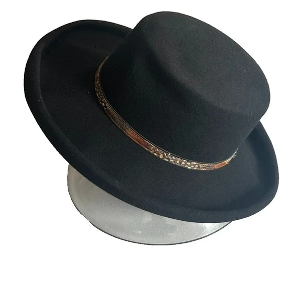 IMPORTINA Dollman Hat Womens Black Roll Up Edge Wool Leather Feathers Trim Vtg