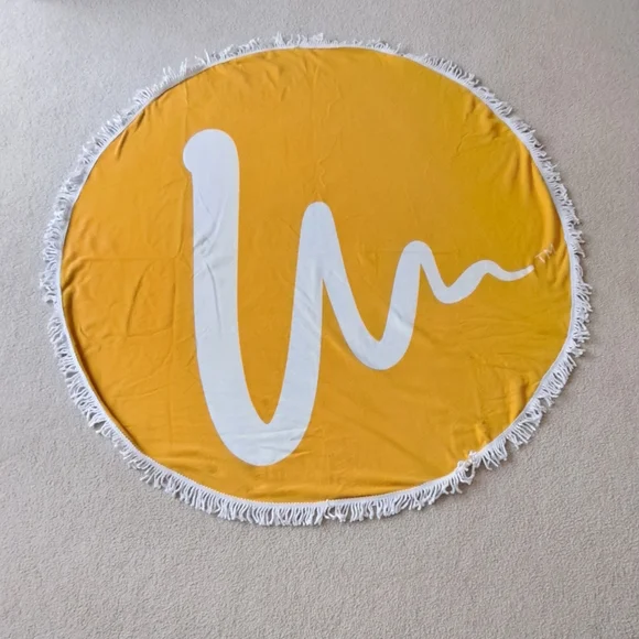 New Round beach towel yellow fringe. 54in.