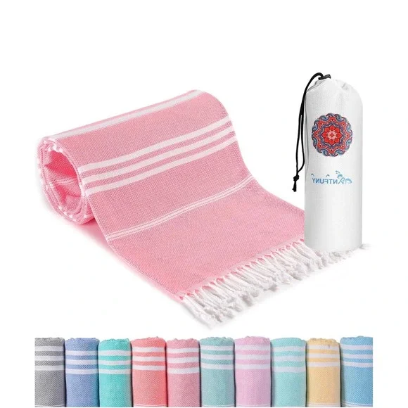 Antfuny Turkish Beach Towel Pink White Striped Oversized Peshtemal with Pouch