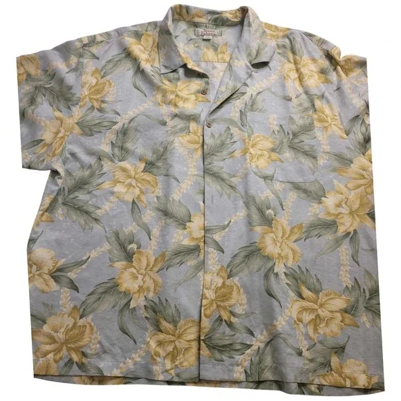 Tommy Bahama‎ Hawaiian Button Down Shirt Blue Floral Print 100% Silk Men XXL