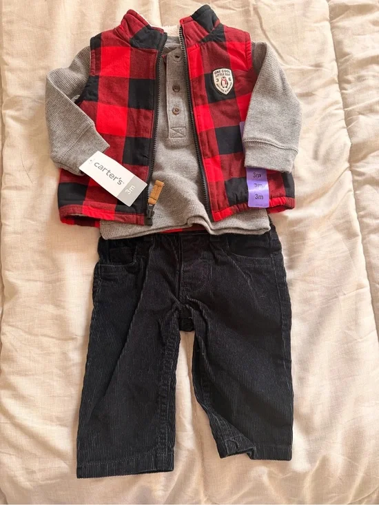 Carter's Red Black Buffalo Plaid Vest & Gray Top with Black Pants Set