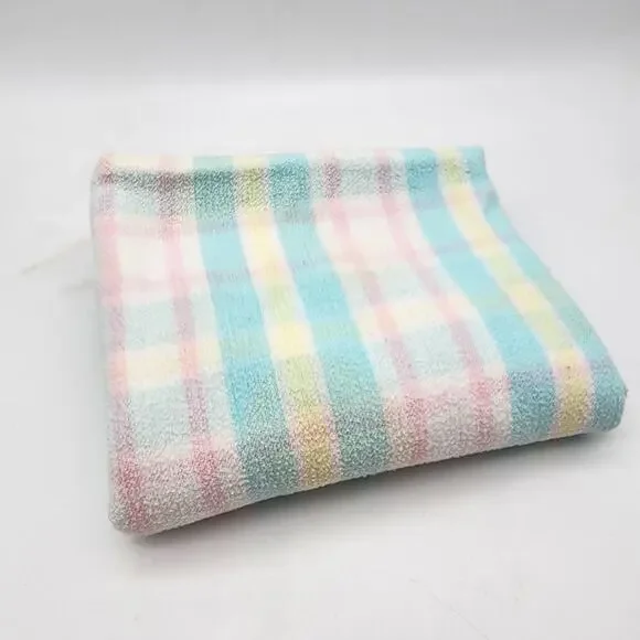 Vintage Carters Baby Receiving Blanket Pink Blue Yellow Plaid Stripe 100% Cotton
