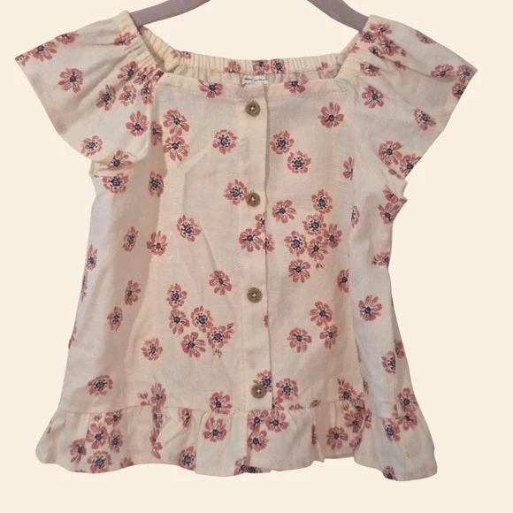 Carters Toddler Girl Floral Linen Blend Button Front Flutter Sleeve Top 2T Cream