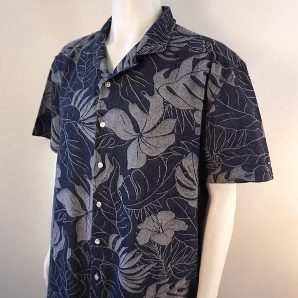 Tommy Hilfiger Mens XXL Shirt Hawaiian Leaf Print Slim Fit Short Sleeve