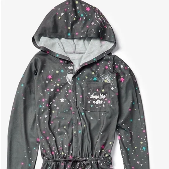 NWT justice pajamas sz 6 “starry night” one piece full zip hood gray white