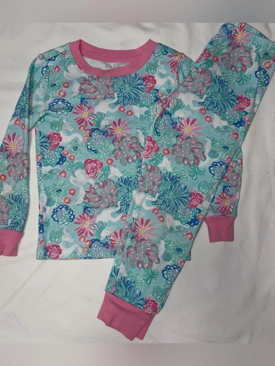 Lily Pulitzer for Pottery Barn Kids pink and turquoise pajamas sz 4 EUC