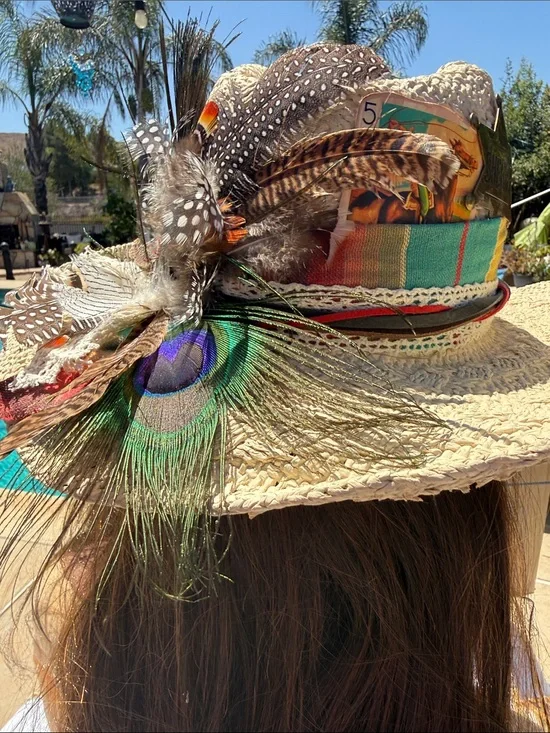 Custom straw cowboy hat w Peacock,feathers leather ,vintage cloth, card sheriff
