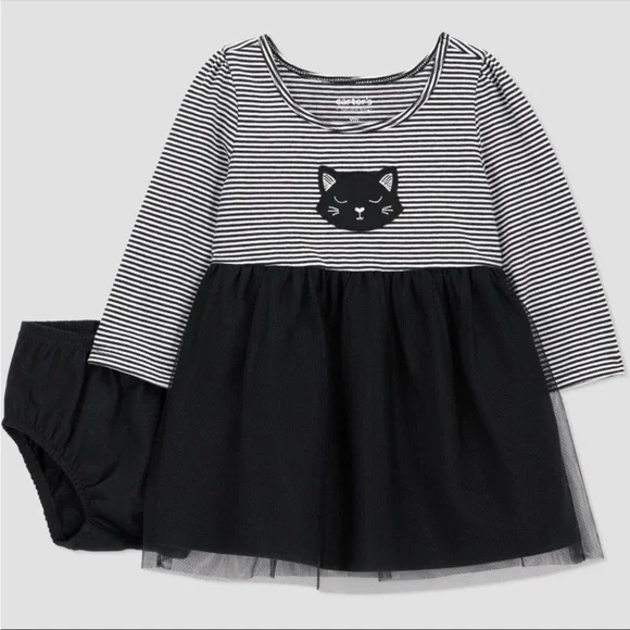 🖤 NWT Striped Cat Dress w/ Tulle Skirt & Diaper Cover - Carter’s - 12M 🖤
