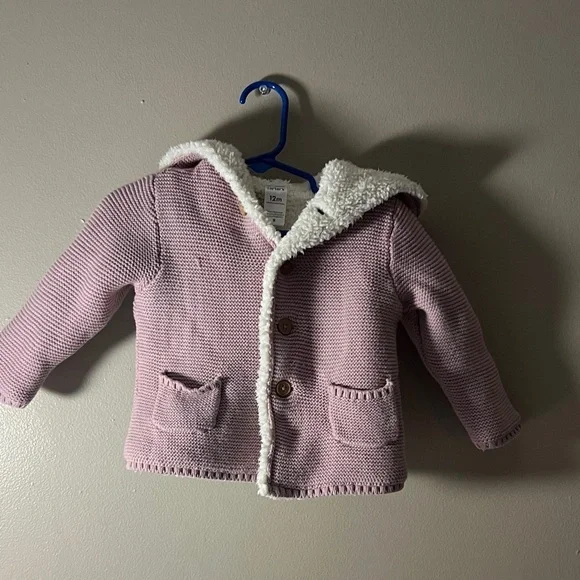 Carter's Pink Knit Hooded Jacket with White Sherpa Trim