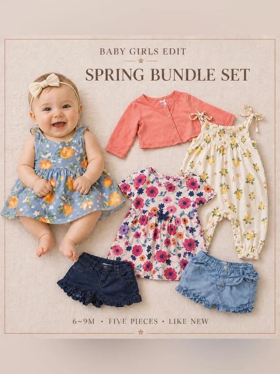 Baby Girl Spring Bundle 6-9M | Dresses + Shorts Set | Cute Outfit Mix