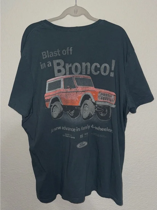 Ford Bronco Distressed Retro Ad Graphic Tee Charcoal Blue XXL