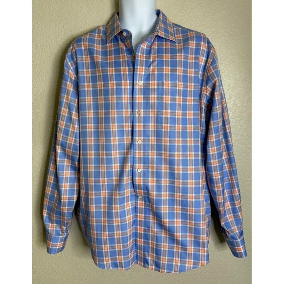 Jos. A. Bank Men L Button Down Shirt Blue Orange Plaid Wrinkle Free Tailored Fit