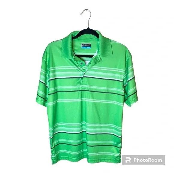 PGA Tour Green Golf Polo with Black and White Stripes Casual Shirt‎ Size Medium