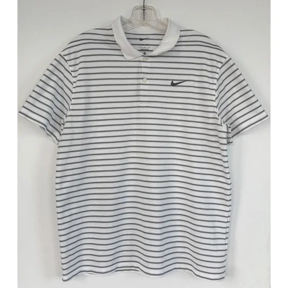 Nike Dri-FIT Mens Large Golf Polo Shirt White Gray Black Striped Short Sleeve