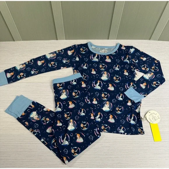 Cozy Castle Co Cinderella Bamboo Viscose Pajamas Set Navy Blue Kids 7/8Y NEW