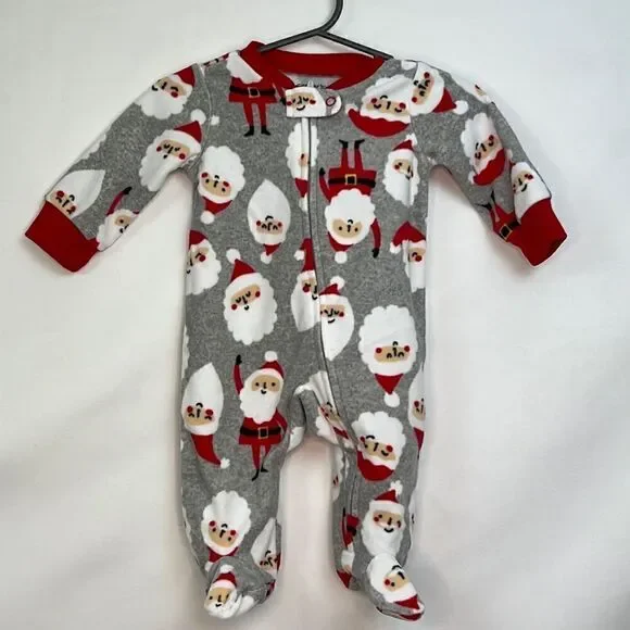 Carter’s Plush Santa Grey and red flannel sleeper Pajamas size 3 months EUC