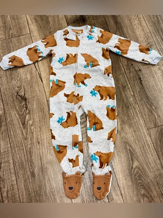 Carter's Brown Bear Print Footed One-Piece Pajamas - Gray with Blue Accents
