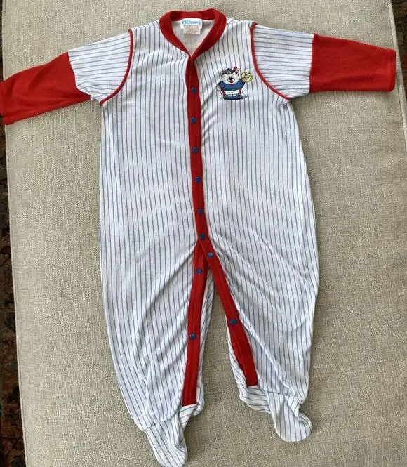Vintage Carters 9mths Baseball Bear Striped One Pieces Outfit L USA 18/23 lbs