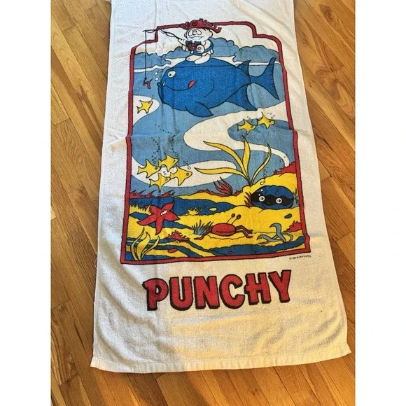 Vintage Punchy Hawaiian Punch Ocean Scene Pool Beach Towel Cotton 1980 THIN Fish