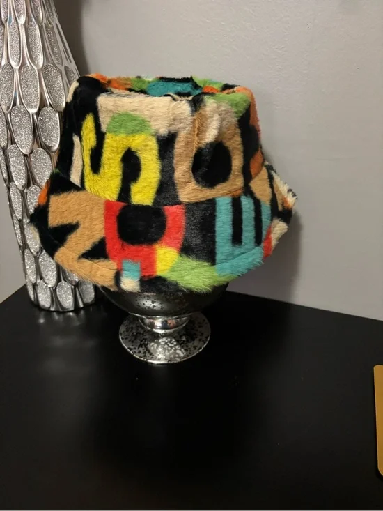 Colorful Faux Fur Bucket Hat - Multicolor Graphic Print