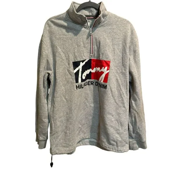 Tommy Hilfiger Denim Big Logo Men's Light Gray 1/4 Zip Sweater‎ Fleece Medium
