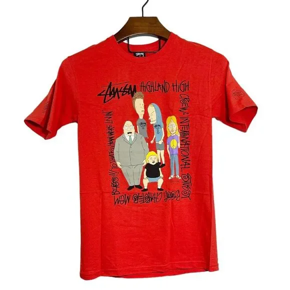 STUSSY‎ X BEAVIS & BUTT-HEAD Red Graphic Highland High T-Shirt NEW W/O TAG Small