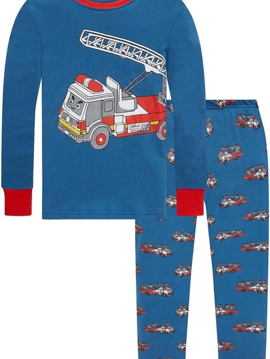 Blue Fire Truck Print Kids Pajama Set with Red Trim - 6