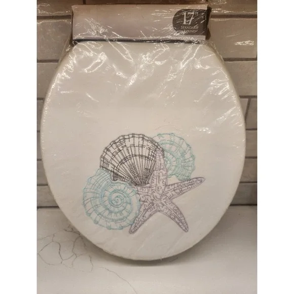 Seashells Embroidered Cushioned Toilet Seat Nautical Beach House Bathroom Decor