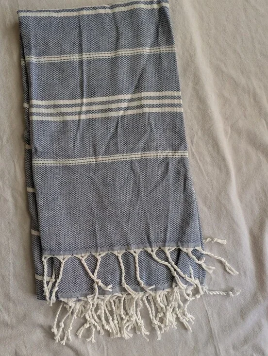 Cotton Turkish Towel Peshtemal Hammam Bath Beach Blue White Striped Fringe NWOT