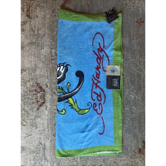 Ed Hardy Beach Towel 36x68 Blue With Squatting Panther NWT