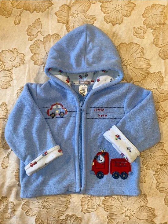 Carter's Light Blue Hooded Baby Jacket with Vehicle Print
