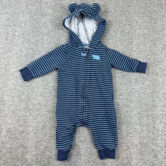 Carter's Hooded Romper Baby‎ 3M Blue Striped Bear Ears Fleece Lined Jumpsuit