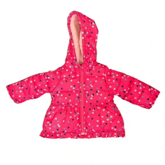 Carters Pink Heart Puffer Jacket Girls 18 Months Hooded‎ Sherpa Lined Ruffle NEW