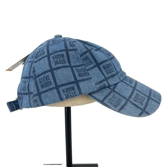 Steve‎ Madden Dark Denim Baseball Hat Womens Multi-Logo Strapback Hat Blue NWT