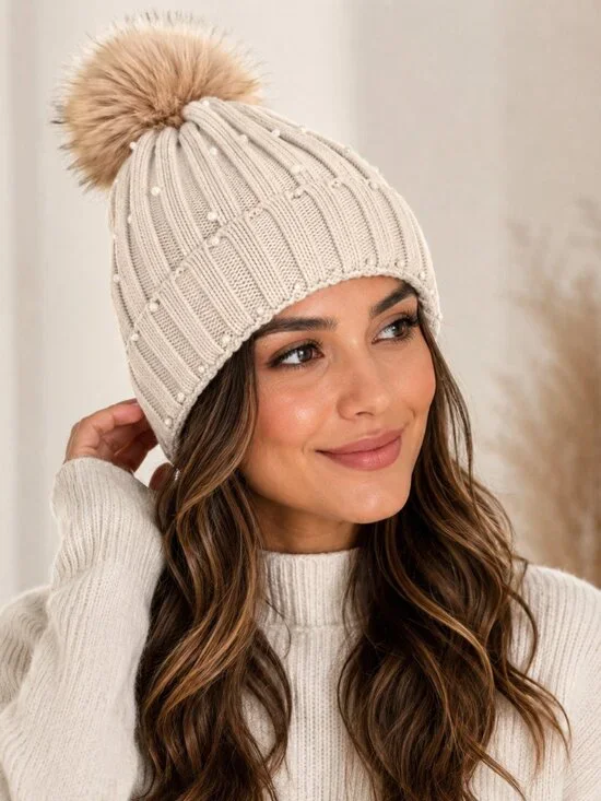 Cream Pearl Knit Beanie Hat Faux Fur Pom Pom Winter Warm Cozy Women's Cap