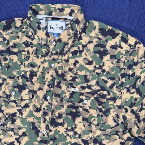 Ferrell Mens Camo Western Pearl Snap Shirt Green Tan Short Sleeve Stretch Large