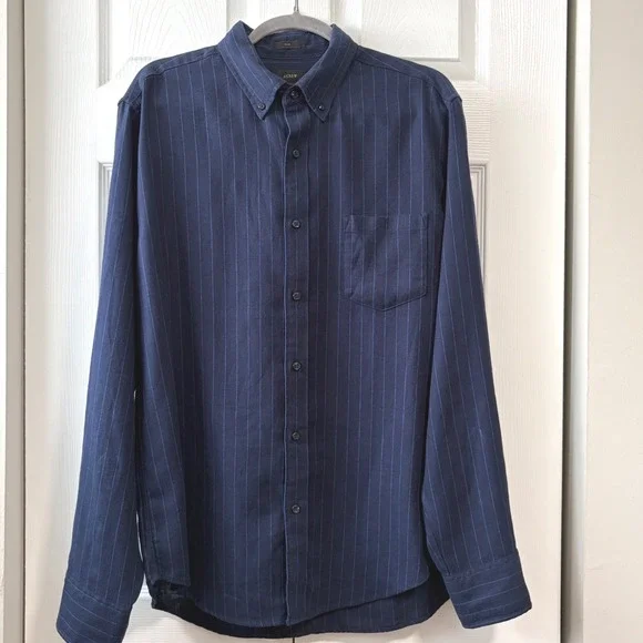 J.Crew Mens Navy Blue Pinstripe Linen Cotton Slim Fit Button Down Shirt Large