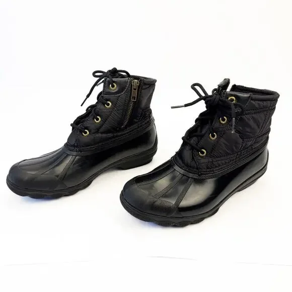 Sperry Black Waterproof Rubber‎ Nylon Quilted Lace Up Gulf Duck Fleece Boots 7M